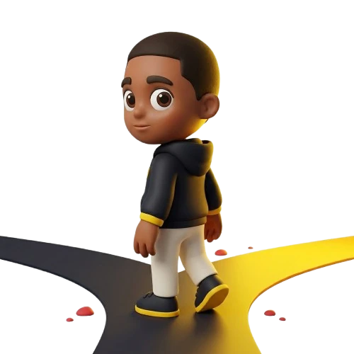 Mascotte devant deux chemins